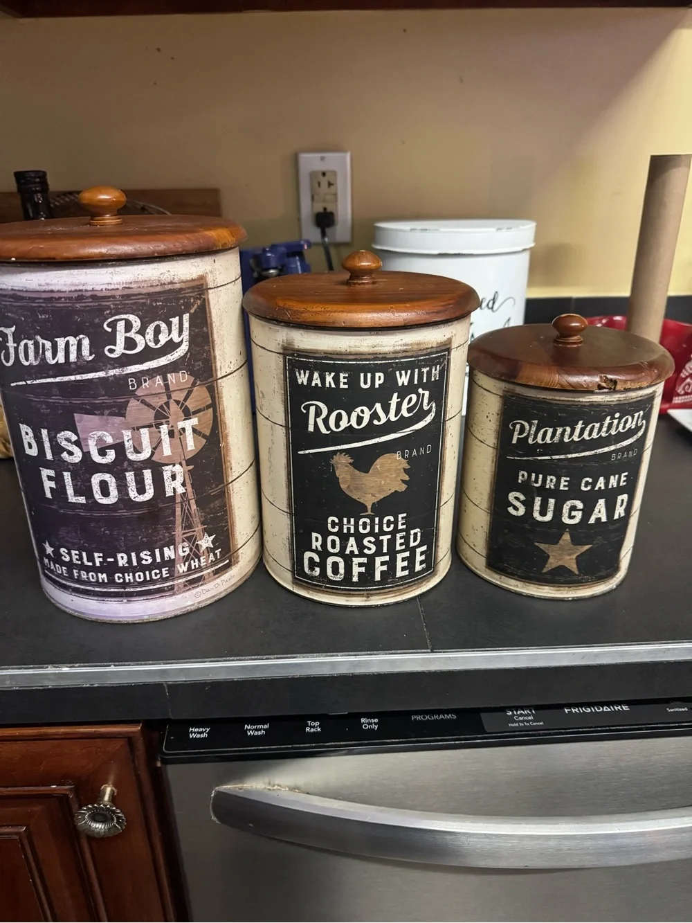 Farmhouse Cream galvanized Canister Set with Wood Lids - Flour, Coffee, Sugar